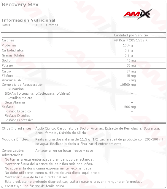 amix recovery max 575 gr etiqueta